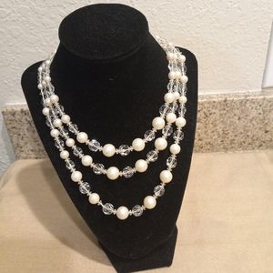 Triple strand necklace, clear crystal beads and pearls - vintage